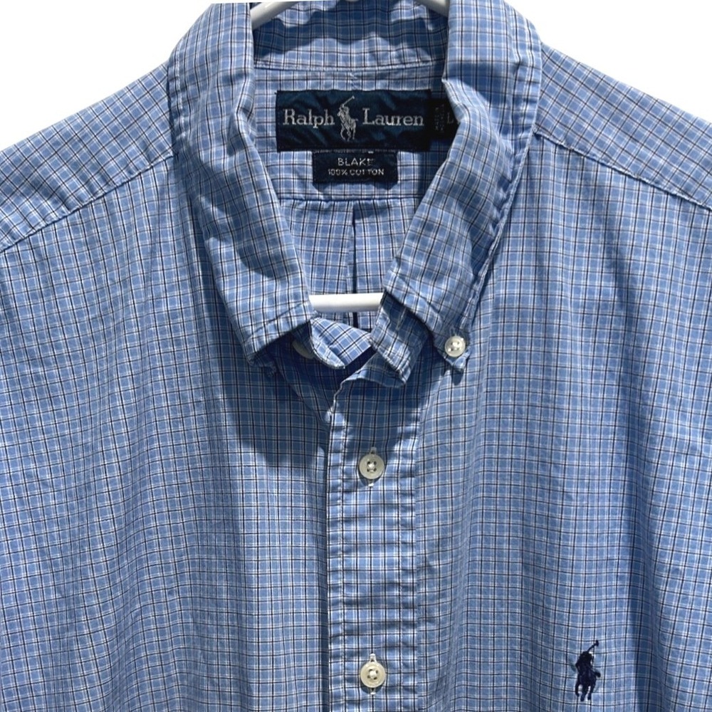 Ralph Lauren Button Down Shirt Large Mens Blue Check Blake Short Sleeve Cotton